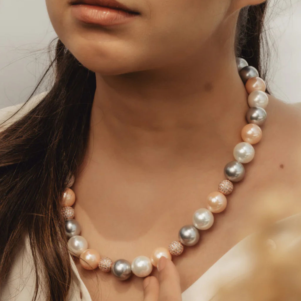 Swarovski Single Pearl Necklace - Orange White & Silver